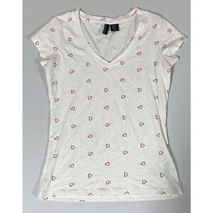 Cynthia Rowley White Hearts V-Neck Short Sleeve T-Shirt Top Blouse Tee XS ♥️✨
